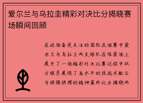 爱尔兰与乌拉圭精彩对决比分揭晓赛场瞬间回顾